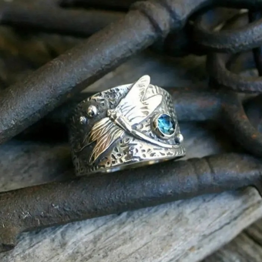 🌷5 For $15🌷Boho Dragonfly Aquamarine Crystal Ring - Size 5